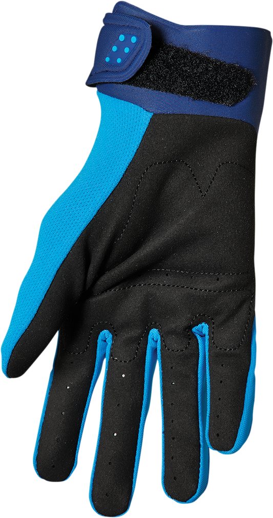 THOR Youth Spectrum gloves in blue and navy with touch screen compatibility, designed for youth motocross and off-road riding.