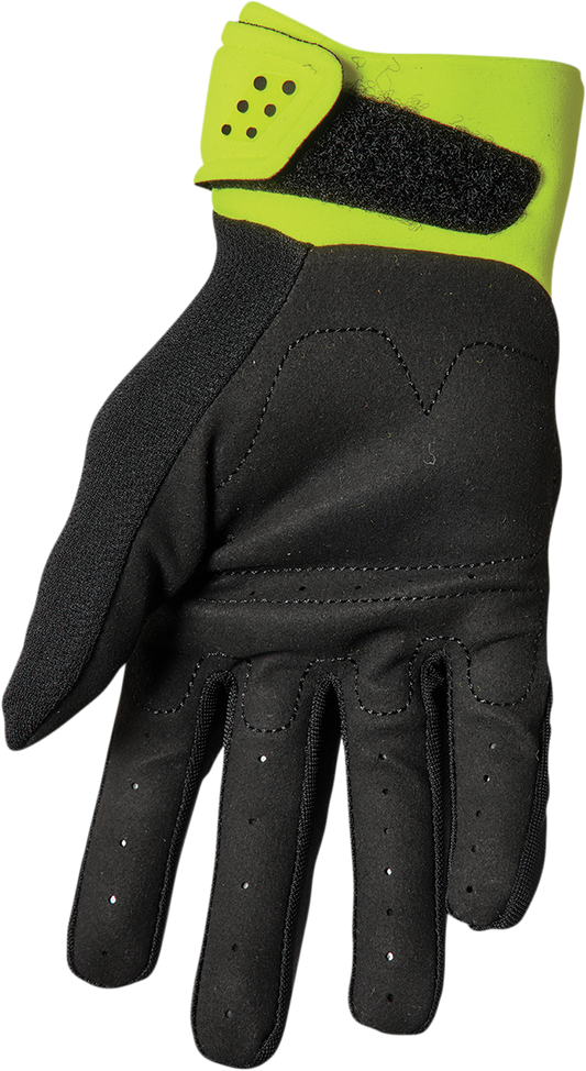 Black and acid-colored THOR Youth Spectrum motorcycle gloves for kids, showing flexible, durable protective gear.
