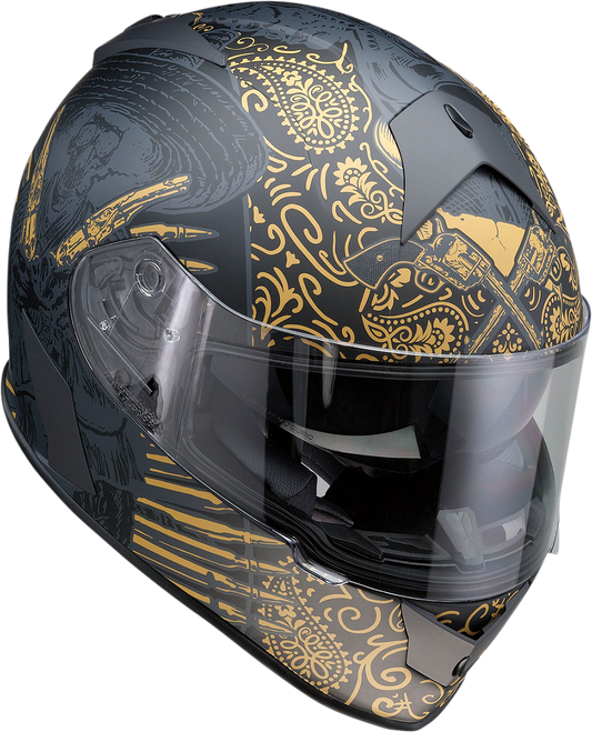 Z1R Warrant helmet in black and gold with injection-molded polycarbonate shell and drop-down sun visor, large size.