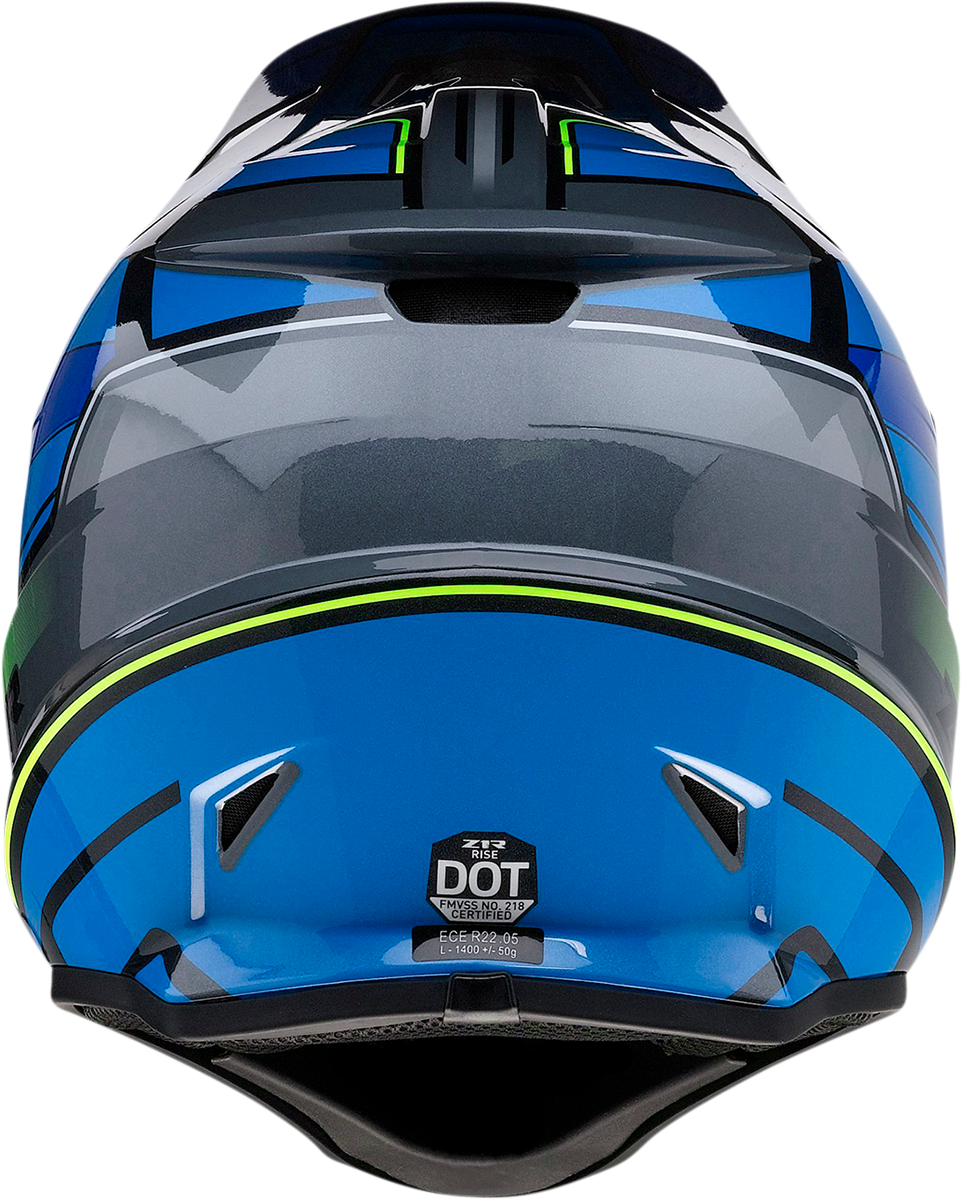 Z1R Rise helmet in blue and hi-viz yellow, large size, with clear visor and aerodynamic design, motorcycle helmet for safety.