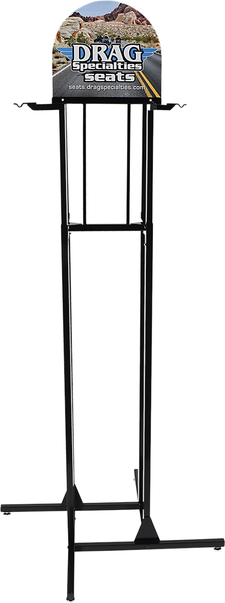Drag Specialties Seats custom display stand holding a motorcycle seat for easy viewing and presentation.