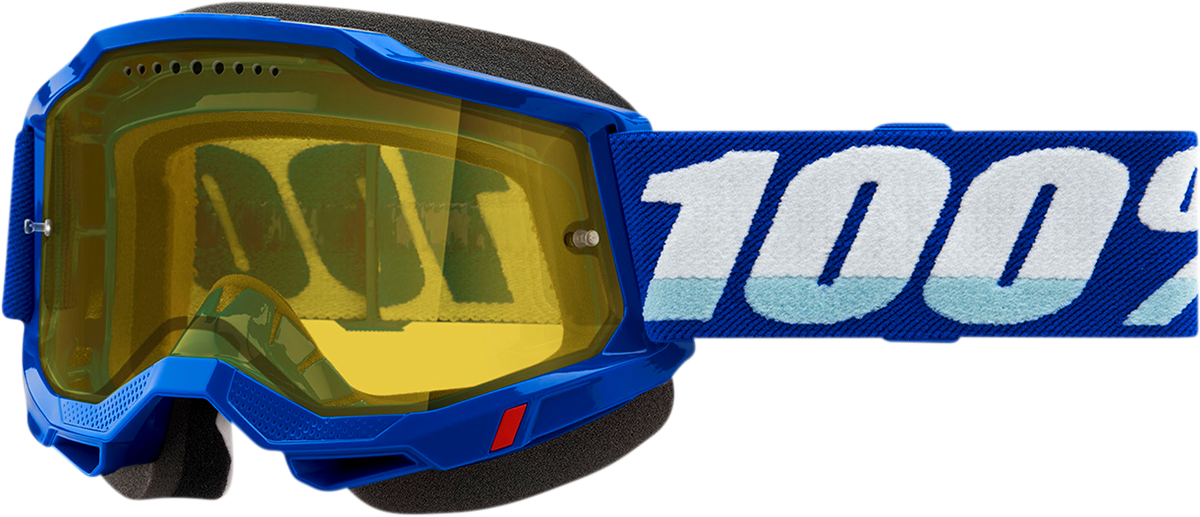 Bill's Exhausts 100% Accuri 2 snow goggles in blue and yellow with clear lenses, designed for winter sports and snowboarding.