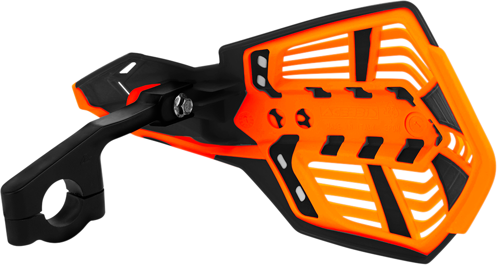 A pair of ACERBIS X-Future black and orange motorcycle handguards mounted on handlebars, protecting rider's hands during rides.