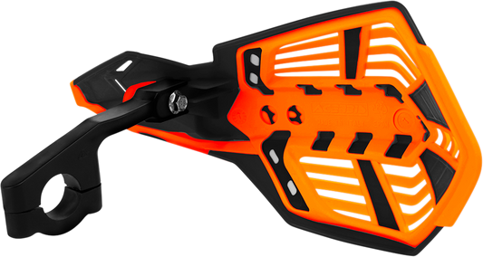 A pair of ACERBIS X-Future black and orange motorcycle handguards mounted on handlebars, protecting rider's hands during rides.