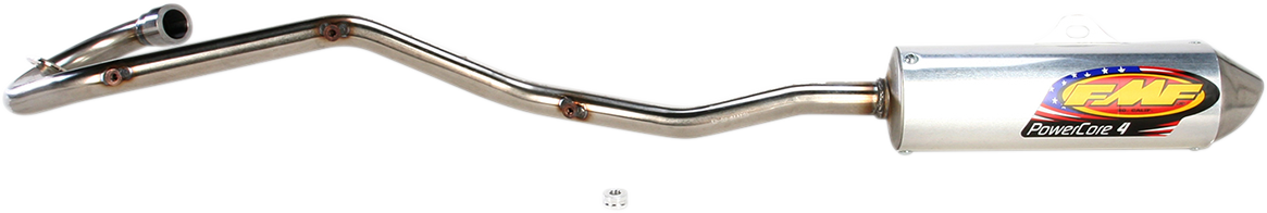 FMF Powercore 4 exhaust with Hi-Flo end cap for 4-stroke engines, featuring a sleek metal muffler and polished finish.