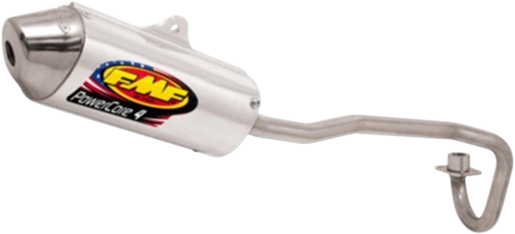 FMF Powercore 4 motorcycle exhaust with Hi-Flo end cap for 4-stroke bikes, featuring a sleek metal finish and mounting bracket.