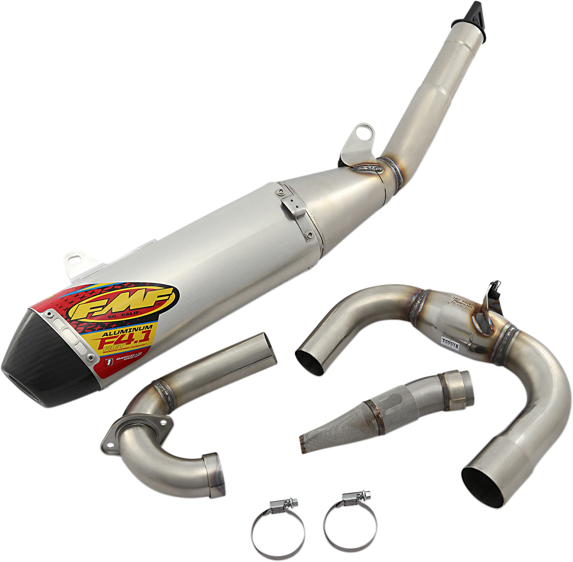 FMF 4.1 RCT aluminum exhaust with MegaBomb silencer, featuring a sleek design and polished finish.