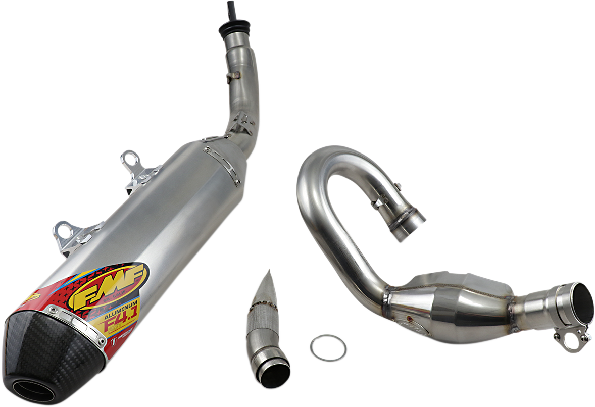 FMF 4.1 RCT motorcycle exhaust with MegaBomb silencer, shown in black with metal end cap, designed for high performance riding.