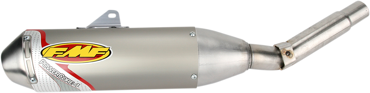 FMF Powercore 4 motorcycle muffler showing a sleek, black exhaust with logo, designed for improved motorcycle performance.