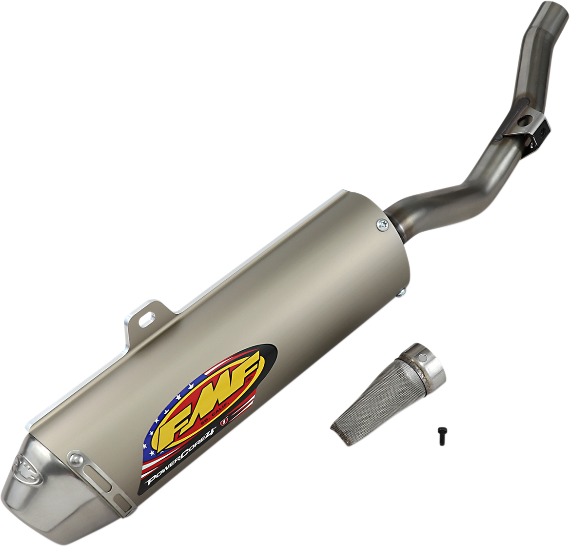 FMF Powercore 4 muffler for high-performance motorcycle exhaust, showcasing the durable, sleek design of the FMF exhaust system.