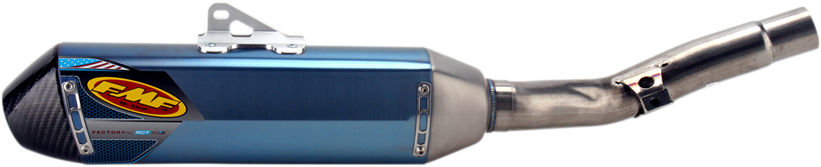 FMF Factory 4.1 RCT muffler in anodized titanium with sleek design and branding, showing the lightweight, high-performance motorcycle exhaust.