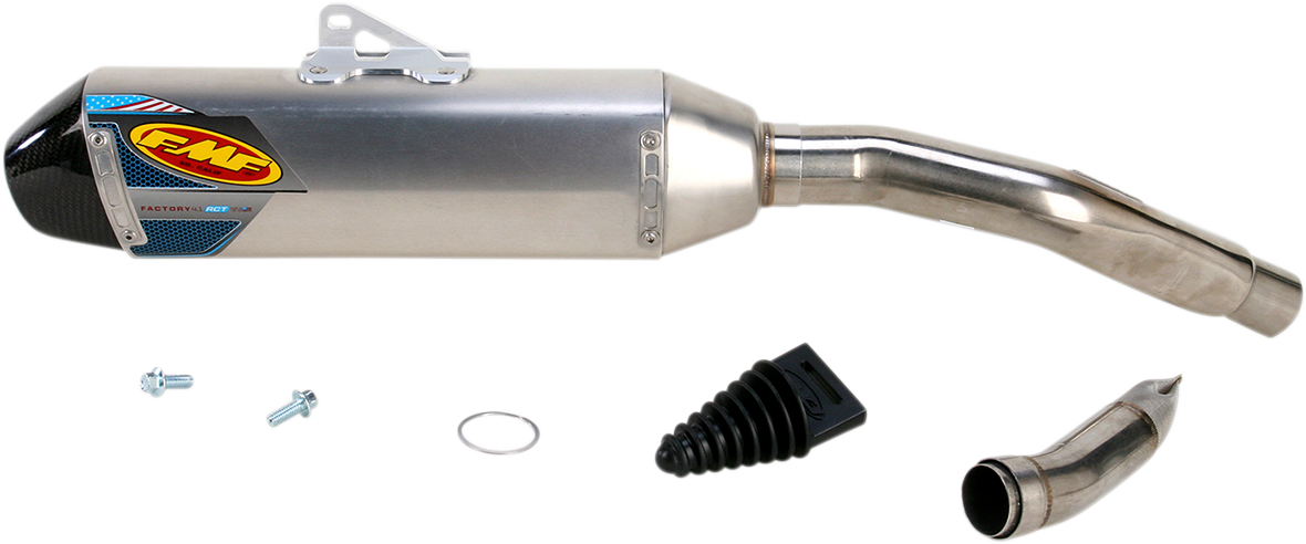 Aluminum FMF Factory 4.1 RCT muffler with part number 042291, showcasing its sleek design and branding.