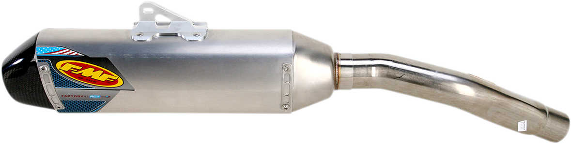 Aluminum FMF Factory 4.1 RCT muffler with FMF branding, displaying the sleek, polished exterior and exhaust outlet.