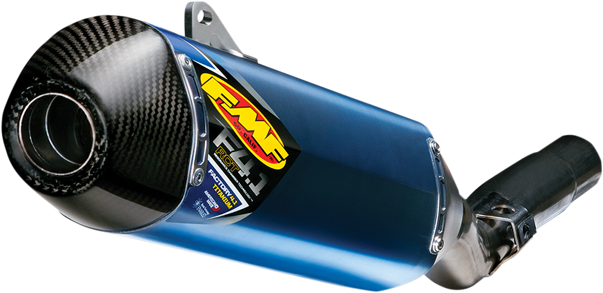 FMF Factory 4.1 RCT muffler in anodized titanium, showcasing sleek, lightweight motorcycle exhaust with branding details.