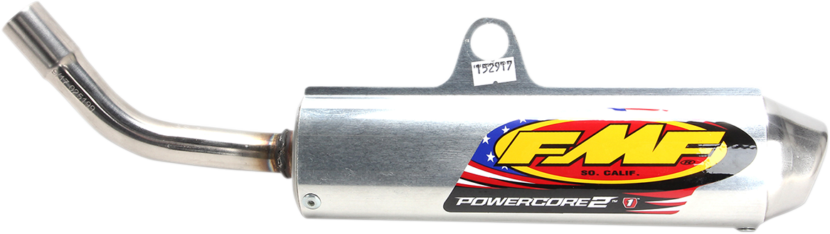 FMF Powercore 2 Silencer for 2-stroke exhaust systems, featuring a sleek metallic finish and compact design.