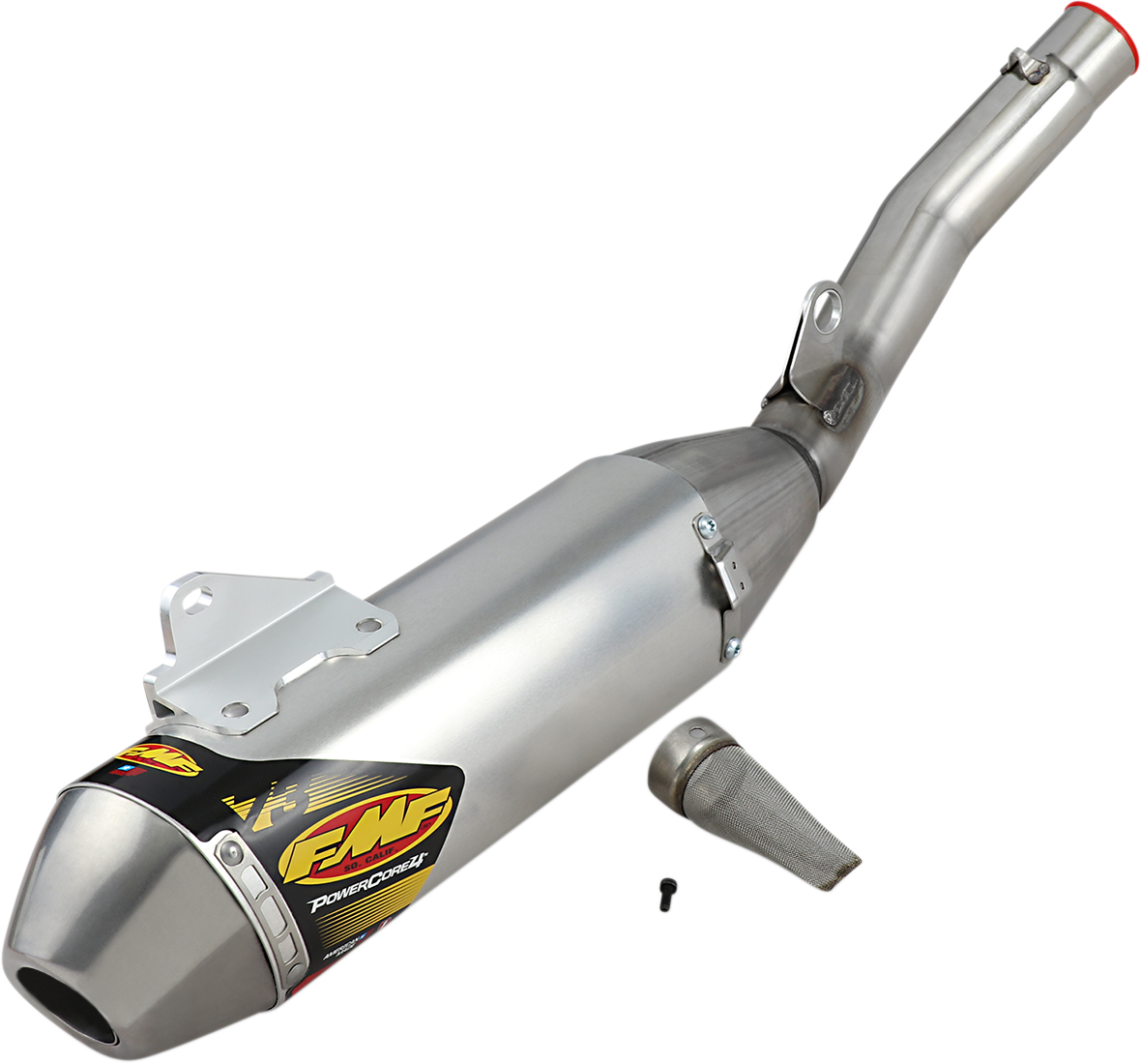 FMF PowerCore 4 HEX muffler for high-performance motorcycle exhaust system, showcasing durable construction and sleek design.