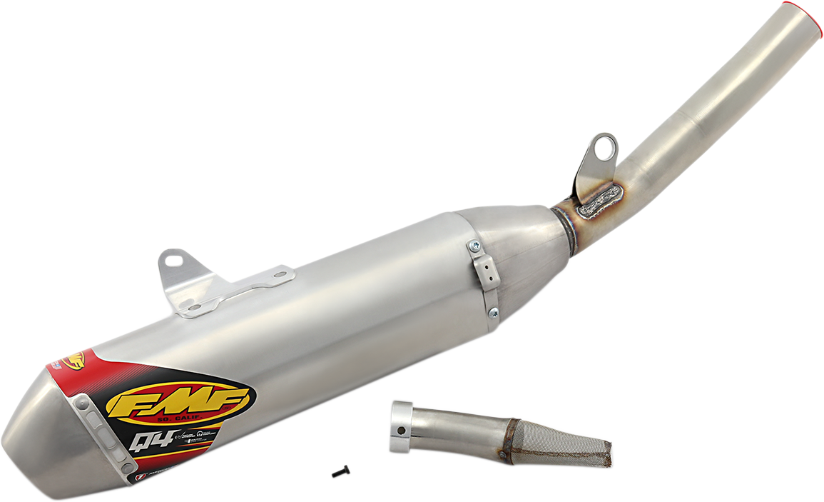FMF Q4 HEX motorcycle muffler for off-road and street use, showcasing the high-performance exhaust with a sleek design.
