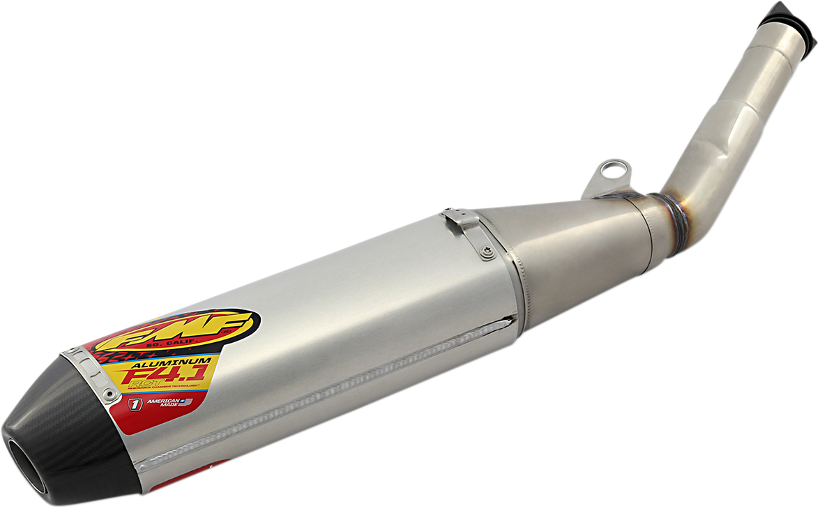 Aluminum FMF Factory 4.1 RCT Muffler with branding, showcasing its sleek design and durable construction for motorcycle exhaust systems.