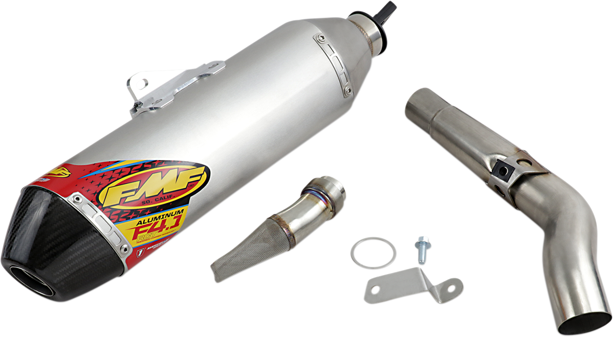 Aluminum FMF Factory 4.1 RCT muffler with FMF branding, showcasing its sleek, lightweight design for motorcycle exhaust systems.