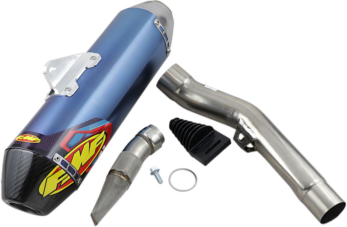 FMF Factory 4.1 RCT muffler in anodized titanium with sleek design, showcasing its lightweight and high-performance motorcycle exhaust system.