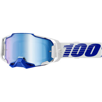 Bill's Exhausts 100% Armega goggles in blue with blue mirror lenses, featuring a sleek design and adjustable strap.