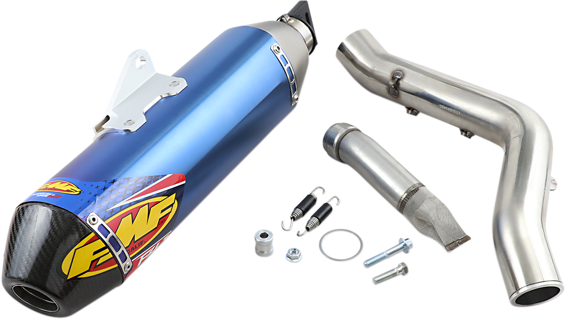 FMF Factory 4.1 RCT muffler with anodized titanium finish, showcasing sleek design and branding details.