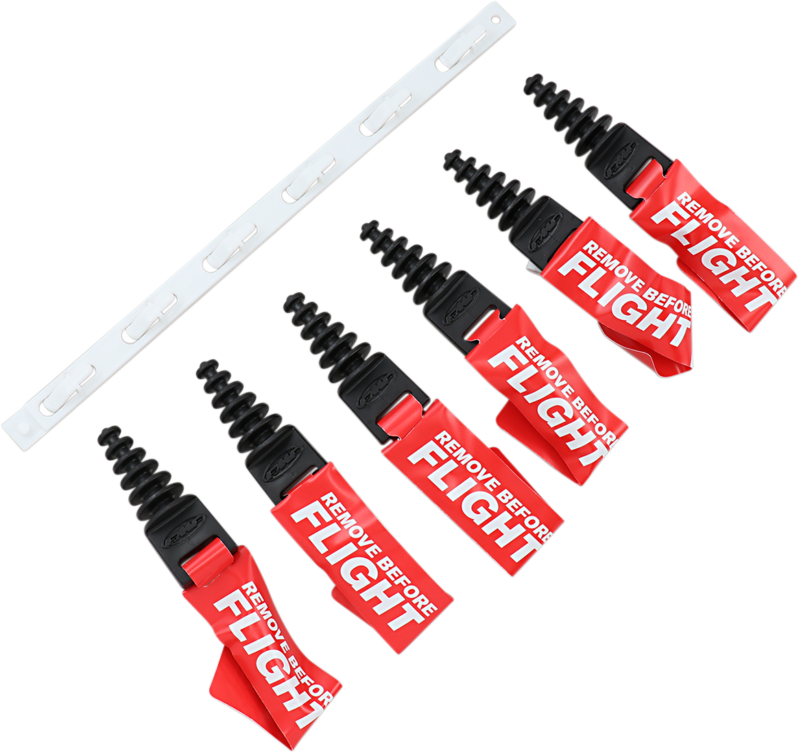 FMF 2-stroke engine wash plug display with six plugs, part number 012876, arranged for display in the image.
