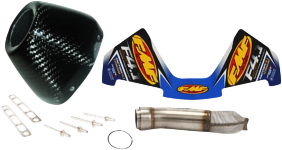 FMF 94dB spark arrestor insert for 4.1 RCT motorcycle exhaust system, part number 040678, shown installed in the exhaust.