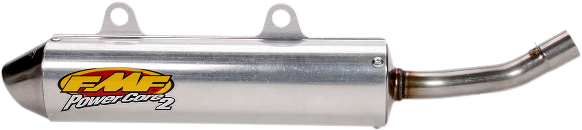 FMF Powercore 2 Silencer for 2-stroke engines, showing a high-performance motorcycle exhaust with metallic finish and branding.