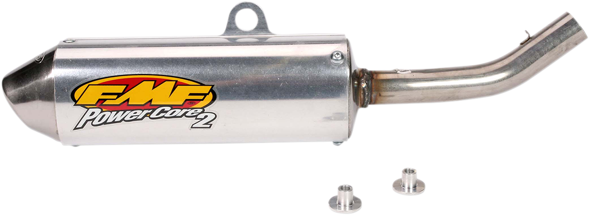 FMF Powercore 2 Silencer 023021 for 2-stroke motorcycles, showcasing the high-performance exhaust with sleek design and branding.