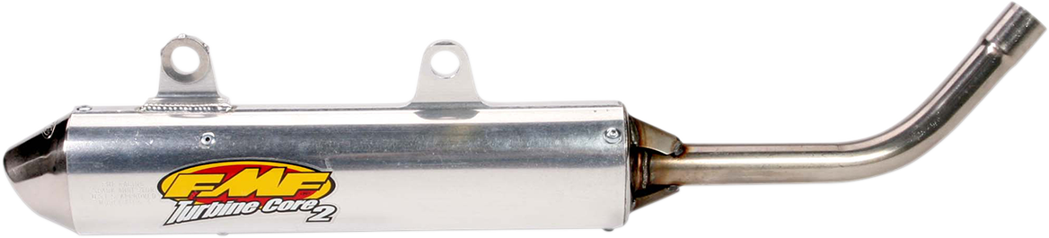FMF Turbinecore 2 silencer part for off-road motorcycles, showing the metallic exhaust component with mounting brackets.