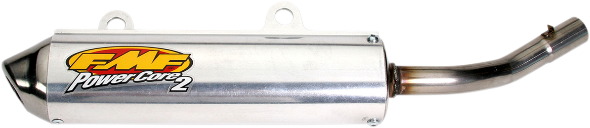 FMF Powercore 2 Silencer for 2-stroke engines, shown with metal finish and mounting details, designed for motorcycle exhaust systems.