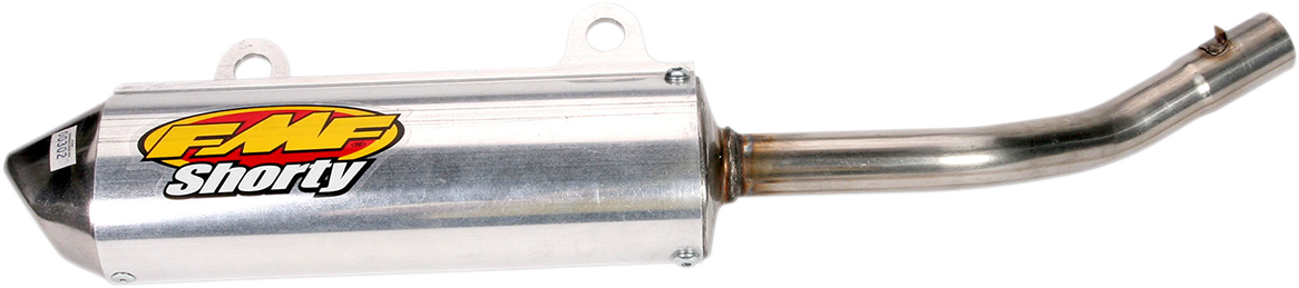 FMF Powercore 2 Shorty Silencer supercross exhaust mounted on a motorcycle, showcasing its compact, high-performance design.