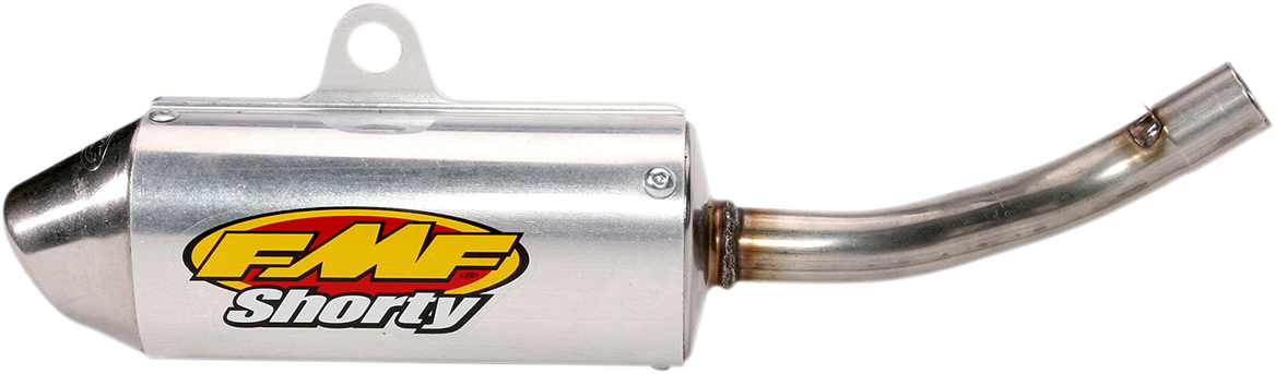 FMF Powercore 2 Shorty Silencer for Supercross motorcycles, showing the compact, high-performance exhaust muffler with branding details.