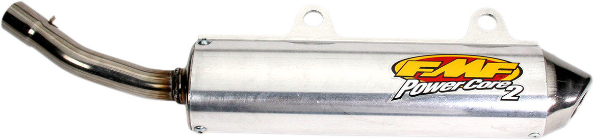 FMF Powercore 2 Silencer for 2-stroke exhaust system, showing high-performance motorcycle exhaust with sleek design and branding.