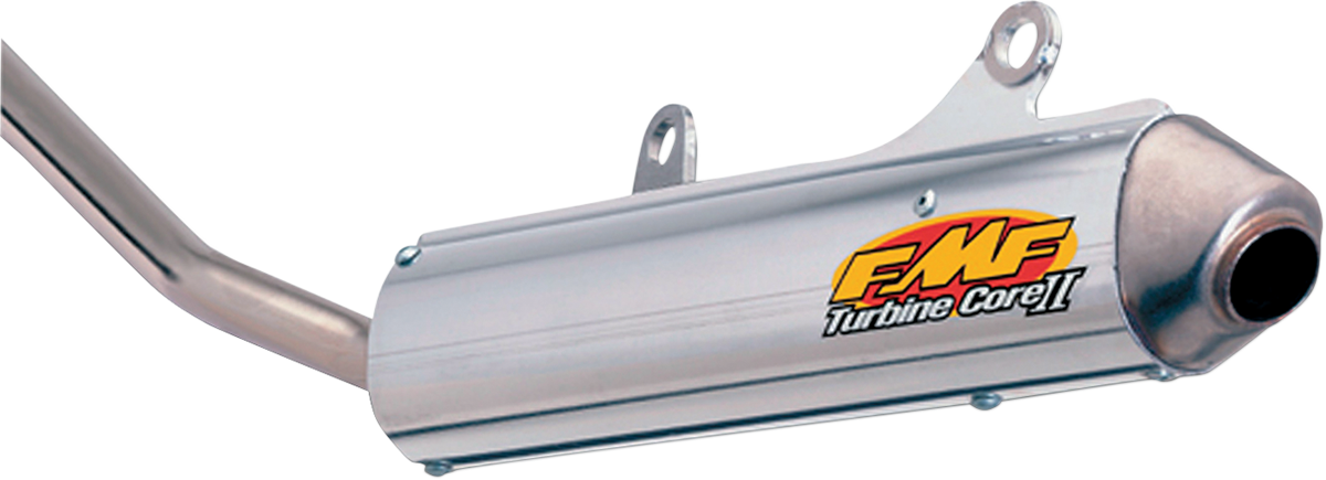 FMF Turbinecore 2 Silencer with Turbine Dampening System, motorcycle exhaust muffler showing sleek metal design and branding