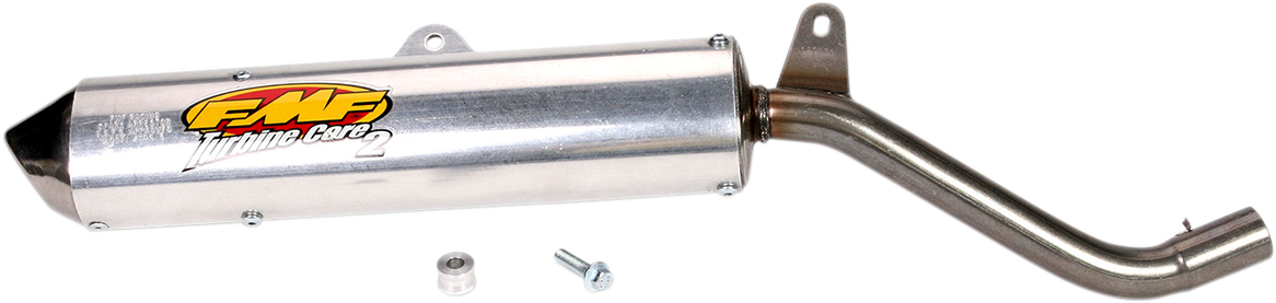 FMF Turbinecore 2 silencer with Turbine Dampening System, showcasing its sleek design and durable construction for motorcycle exhausts.