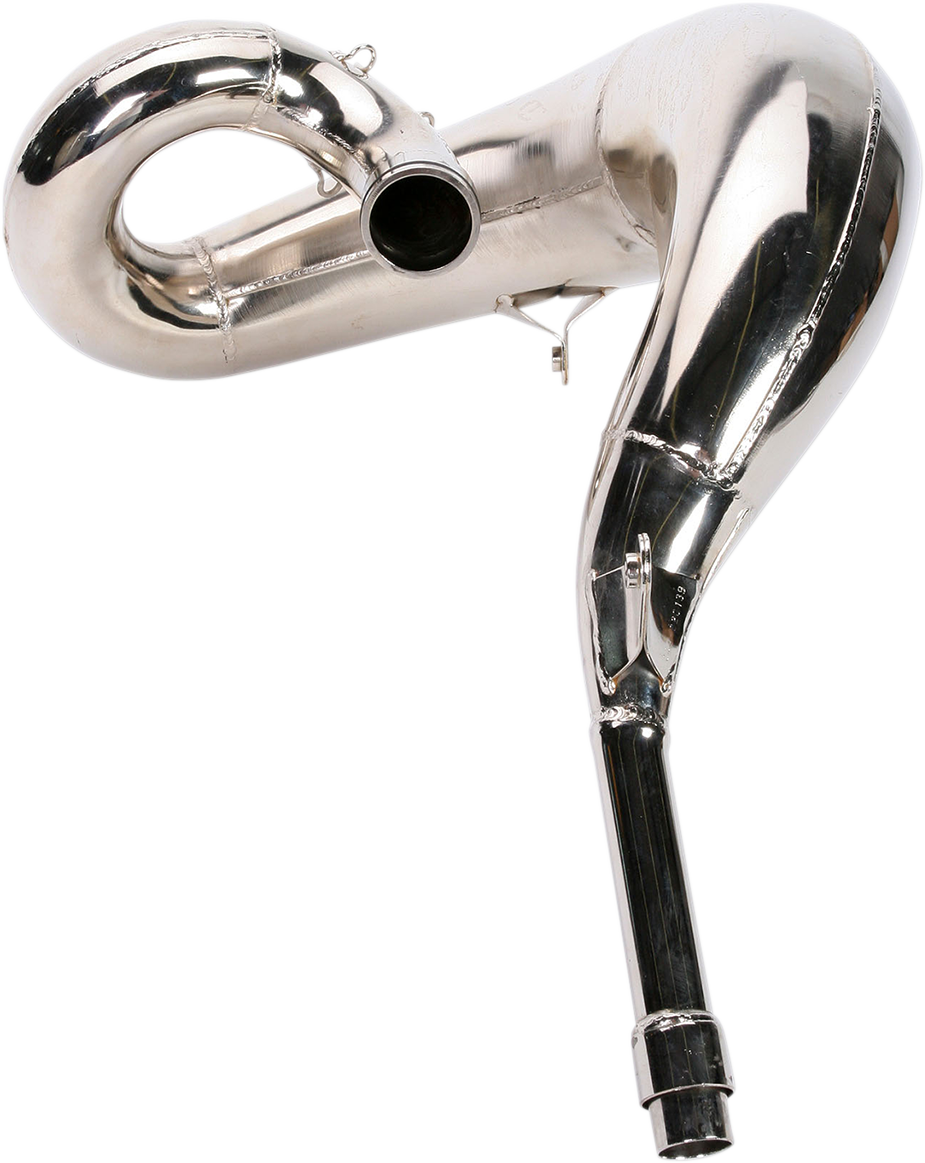 FMF Fatty Pipe 020142 motorcycle exhaust system with chrome finish and high-performance design, mounted on a dirt bike.