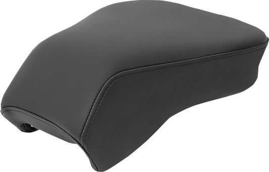Black Saddlemens Heels Down Touring Pillion Pad seat for motorcycle, plain design, mounted on bike.