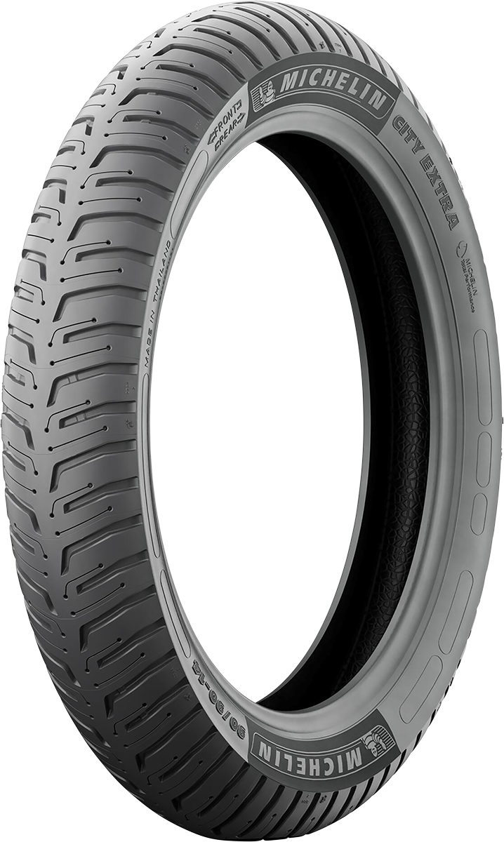 Michelin City Extra 90/90-18 motorcycle tire with textured tread for reliable urban riding on city streets.