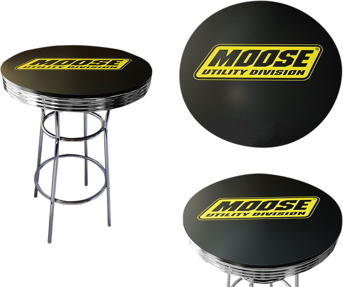MOOSE OFFROAD 30-inch round pub table with MDF top and chrome side strip, featuring a sturdy design and modern style
