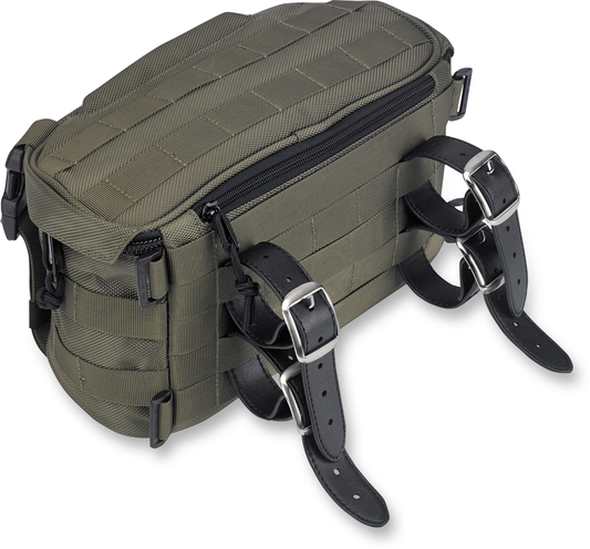 Green Biltwell Exfil-7 motorcycle bag with adjustable straps and durable material, designed for motorcycle storage and travel.