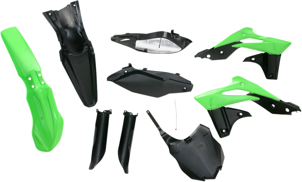 Acerbis full replacement body kit in black and green for OEM '13 motorcycle, showcasing the sleek, custom-fit design and finish.
