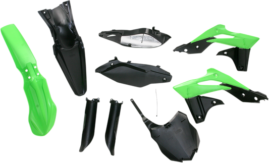 Acerbis full replacement body kit in black and green for OEM '13 motorcycle, showcasing the sleek, custom-fit design and finish.