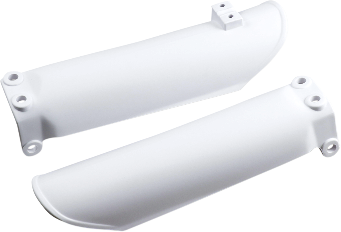 White Acerbis lower fork covers for inverted motorcycle forks, designed for protective and aesthetic enhancement.