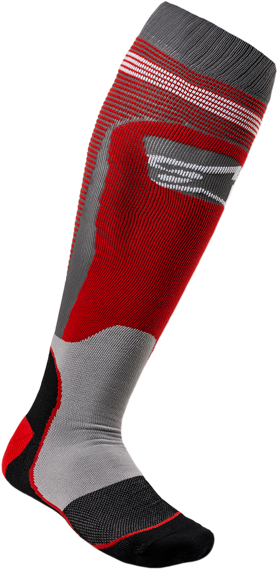 Alpinestars MX Plus 1 motorcycle socks in red and gray, large/2XL size, featuring padded comfort and breathable fabric.
