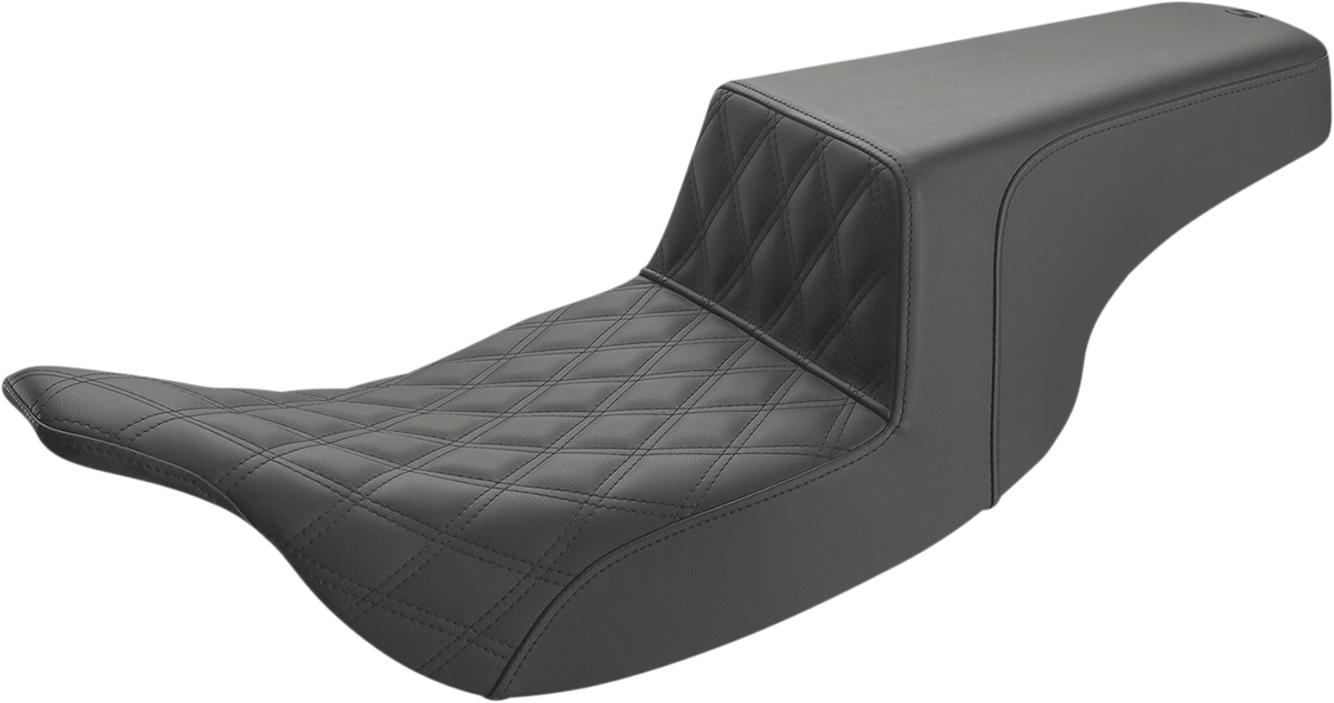 Black SADDLEMEN Step-Up Seat with front lattice stitch for motorcycles, featuring a sleek design and padded comfort.