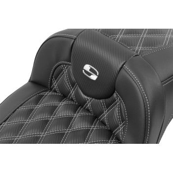 Bill's Exhausts SADDLEMEN Roadsofaâ„¢ extended reach motorcycle seat with lattice stitch, silver stitching, without backrest, for FL/FX '23-'24