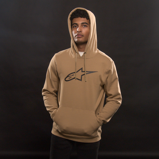 Alpinestars Ageless Pullover Hoodie in Sand and Black, medium size, displayed flat showing front view with hood and logo details.