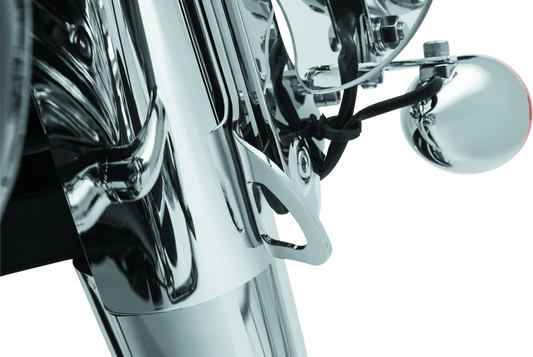 Chrome Kuryakyn tie down bracket for 2014-2022 Indian motorcycles, shown mounted on the bike for secure cargo attachment.